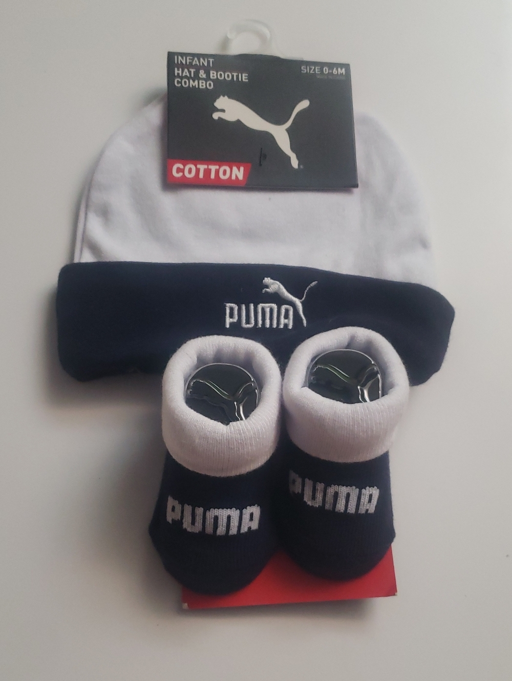 Brand new adorable Puma Infant Hat & Bootie Set in White and Navy